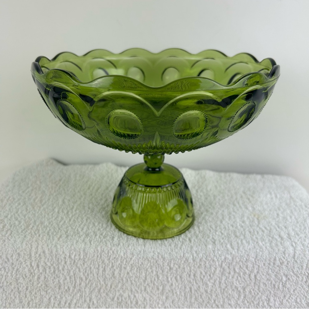 VTG Manhattan pattern Green Glass Pedestal Bowl Moon & Stars Pattern